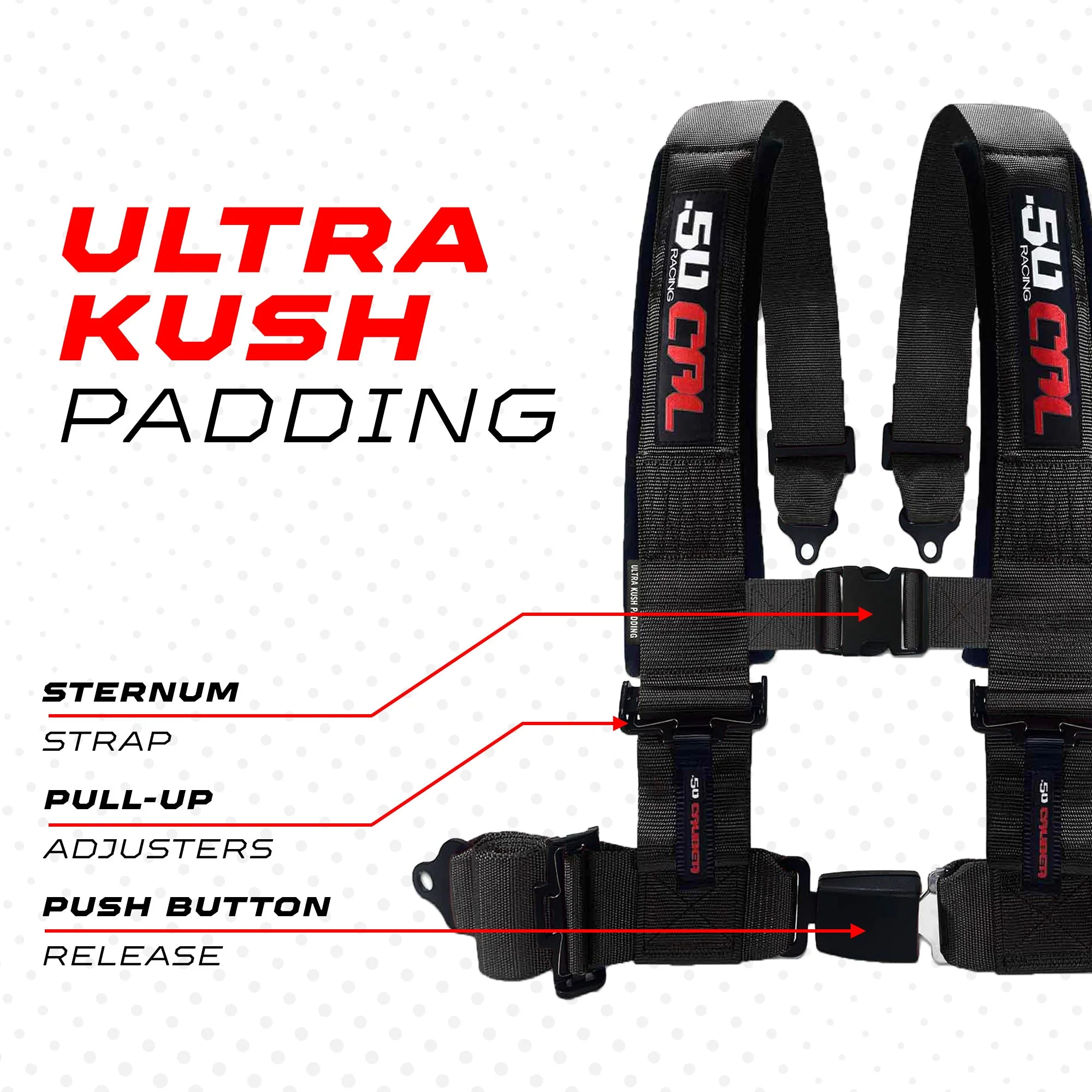 50 Caliber Racing 4-Point UTV Harness | Push Button Release + Sewn-In Pads + Black Hardware | 2" & 3" - Image 3