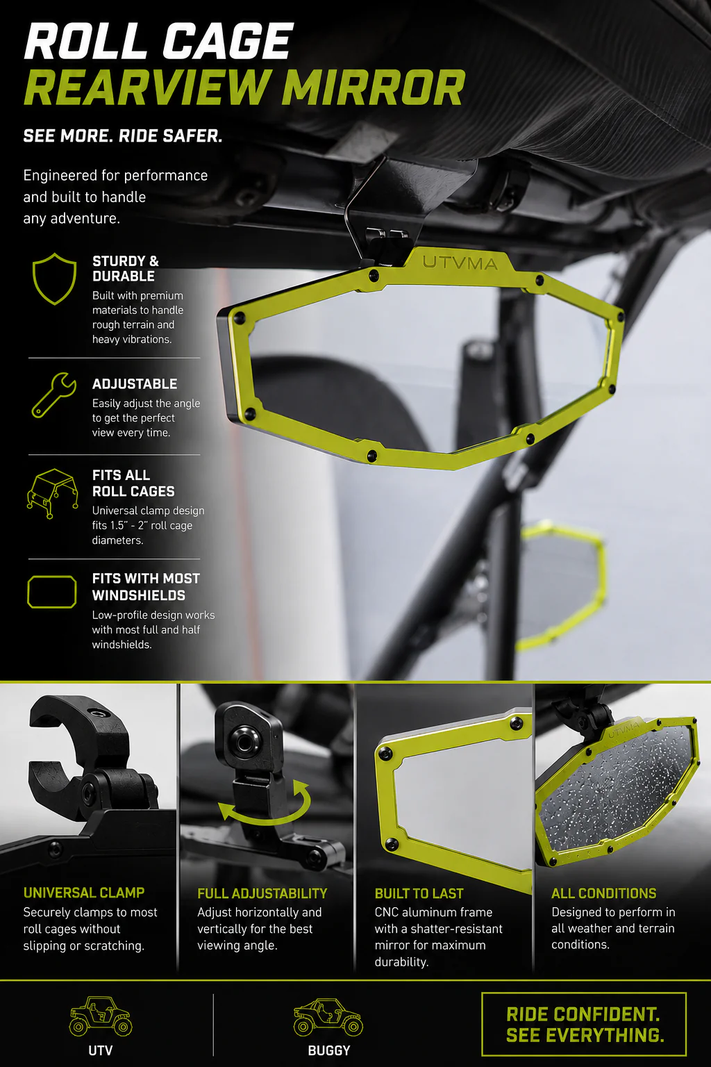 UTV Rearview Mirror - Wide View + Adjustable Fit (Universal) - Image 19