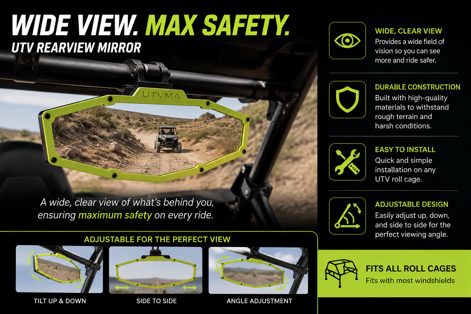 UTV Rearview Mirror - Wide View + Adjustable Fit (Universal) - Image 5